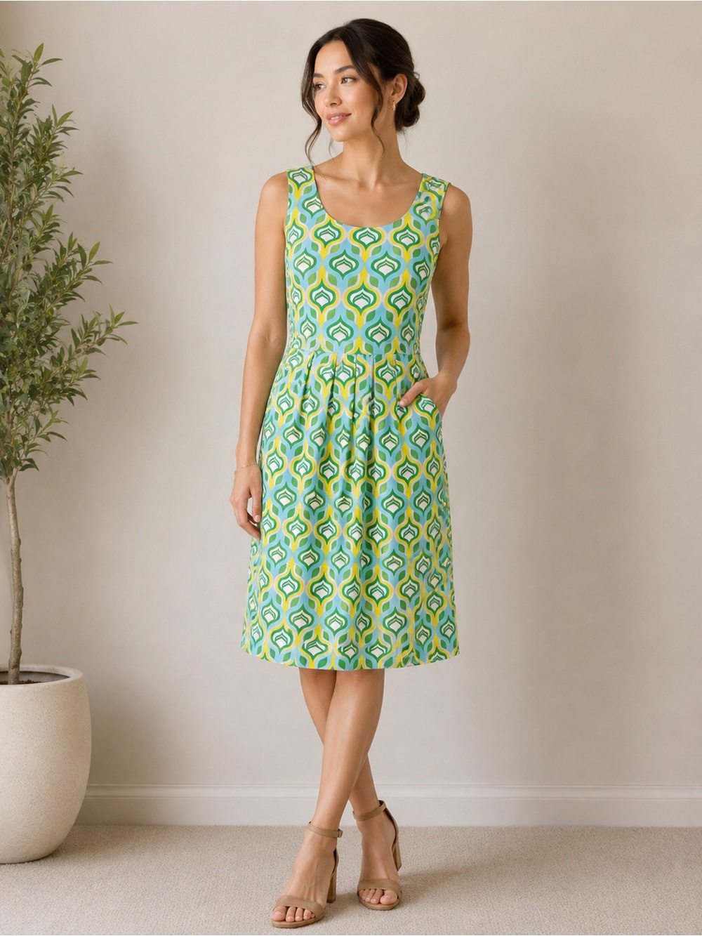 J. McLaughlin Green and Yellow Geo Print Sleeveless Midi Dress